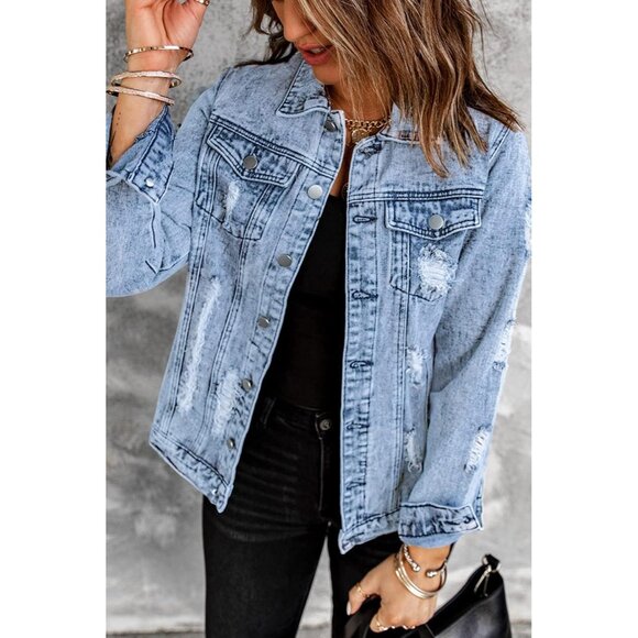 Brand New Women's A-Blue Cotton Distressed Boyfriend Denim Jacket with Pockets - Picture 2 of 6